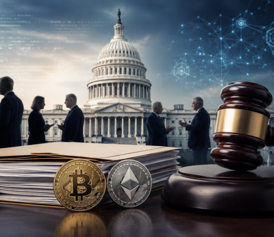 US-Kapitol, Richterhammer sowie Bitcoin- und Ethereum-Münzen symbolisieren den Streit um den Clarity Act und die Regulierung von Kryptowährungen.