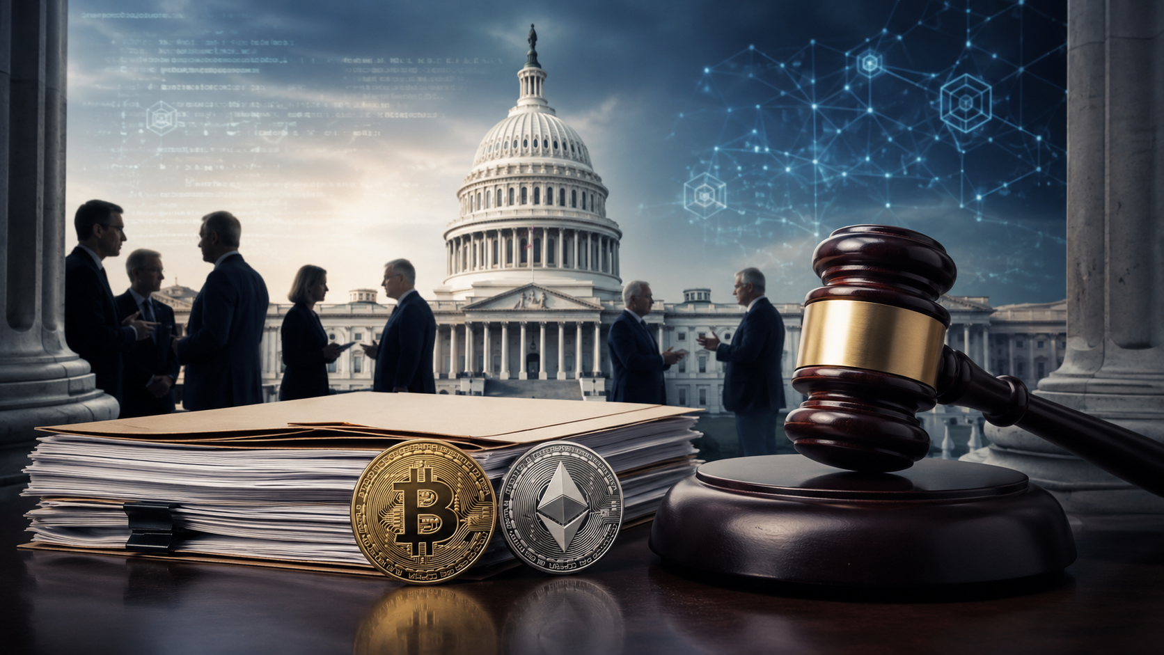 US-Kapitol, Richterhammer sowie Bitcoin- und Ethereum-Münzen symbolisieren den Streit um den Clarity Act und die Regulierung von Kryptowährungen.