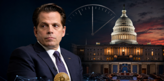 Anthony Scaramucci vor dem US-Kapitol mit Bitcoin und einer ablaufenden Uhr