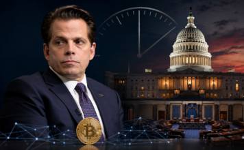Anthony Scaramucci vor dem US-Kapitol mit Bitcoin und einer ablaufenden Uhr