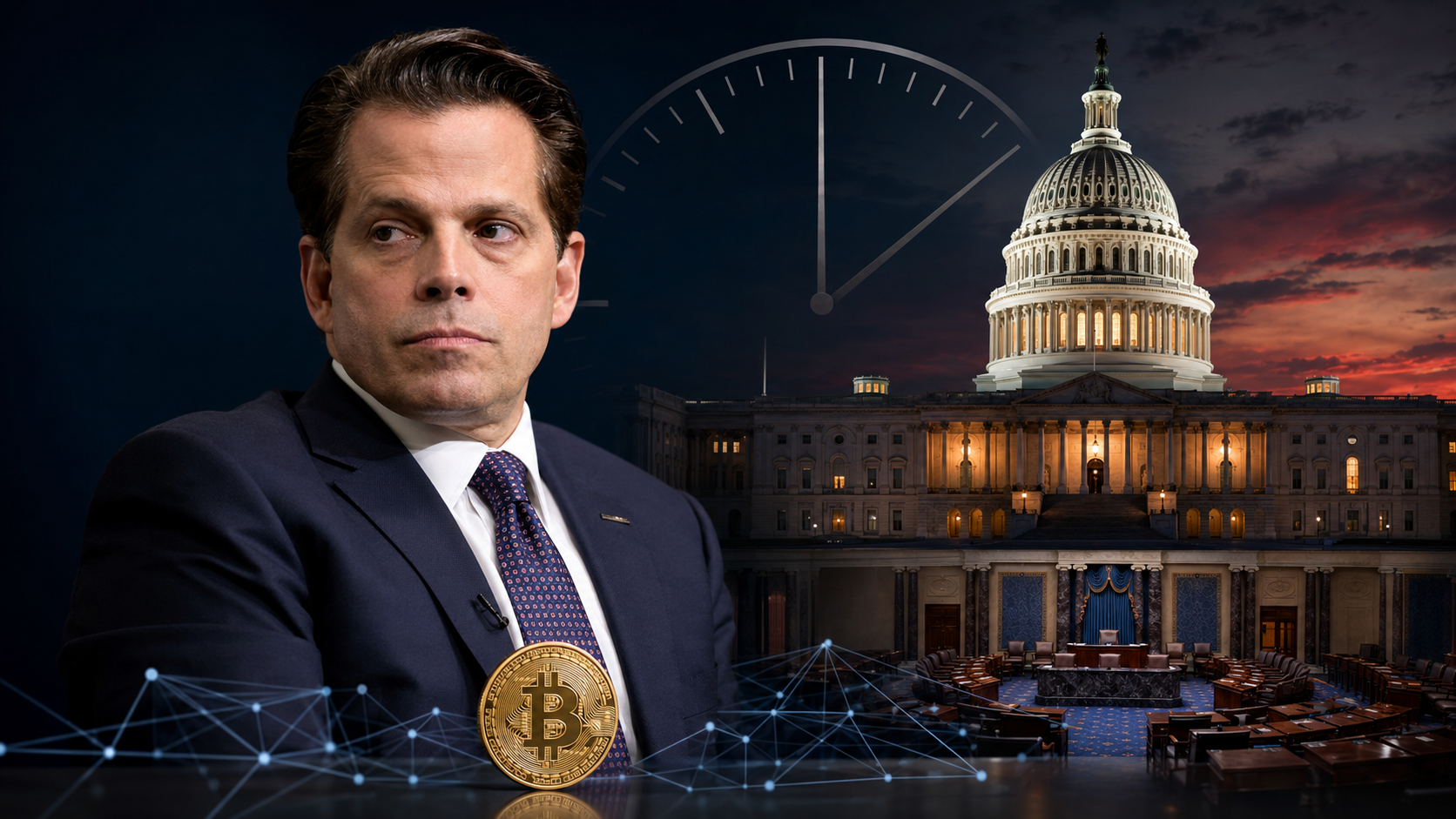 Anthony Scaramucci vor dem US-Kapitol mit Bitcoin und einer ablaufenden Uhr