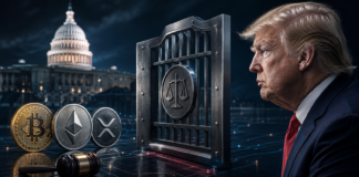 Clarity Act vor Showdown: Neue Trump-Regeln reichen Demokraten nicht Donald Trump vor dem US-Kapitol mit Bitcoin, Ethereum und XRP hinter einer gesetzlichen Barriere