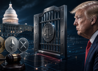 Donald Trump vor dem US-Kapitol mit Bitcoin, Ethereum und XRP hinter einer gesetzlichen Barriere