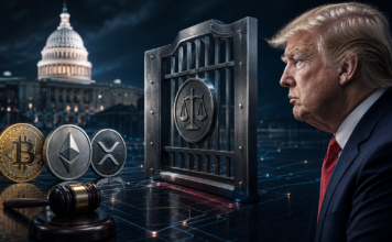 Clarity Act vor Showdown: Neue Trump-Regeln reichen Demokraten nicht Donald Trump vor dem US-Kapitol mit Bitcoin, Ethereum und XRP hinter einer gesetzlichen Barriere