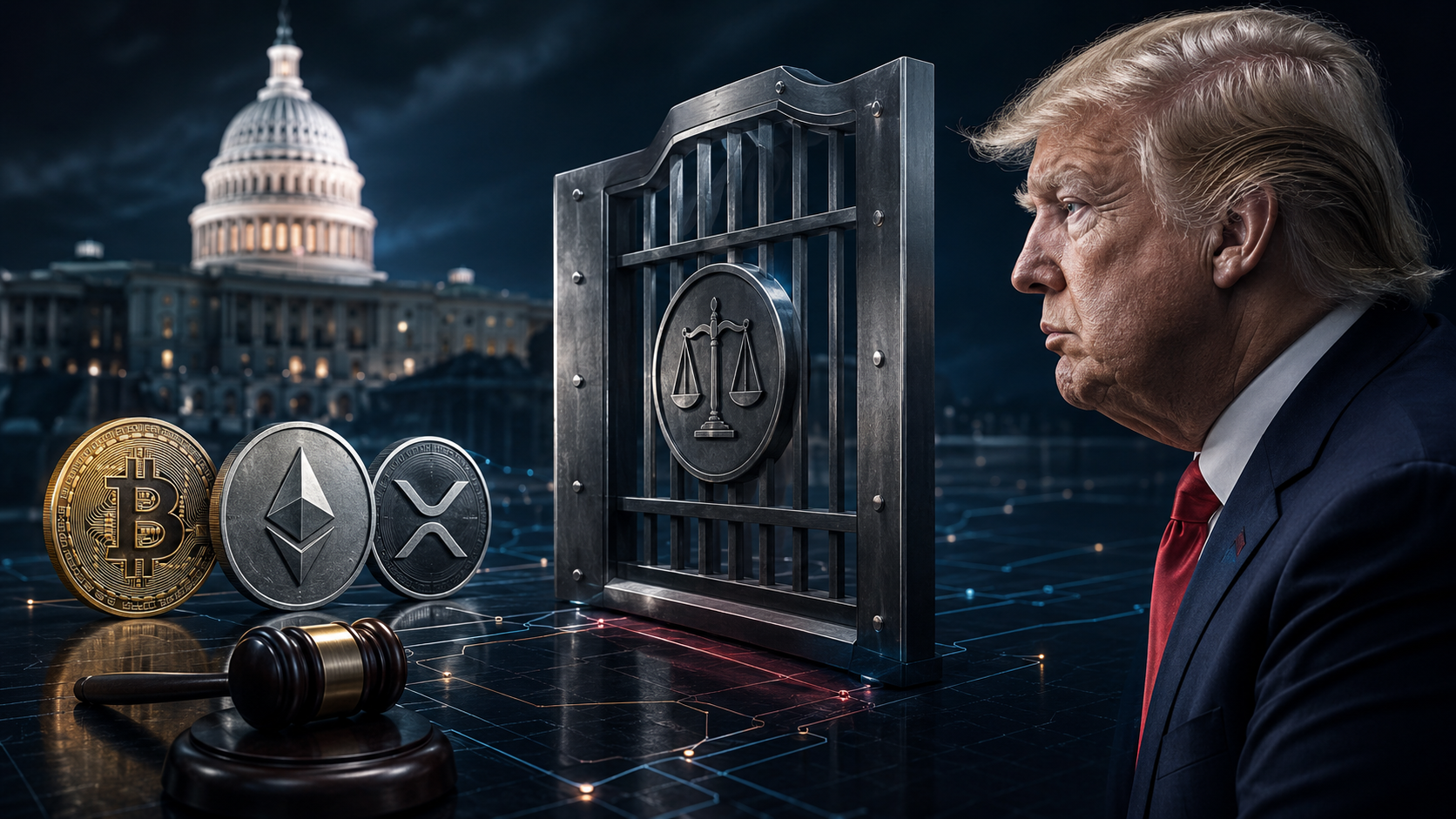 Donald Trump vor dem US-Kapitol mit Bitcoin, Ethereum und XRP hinter einer gesetzlichen Barriere