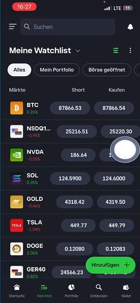 eToro App mit Watchlist für Aktien, Kryptowährungen, Indizes und Rohstoffe.