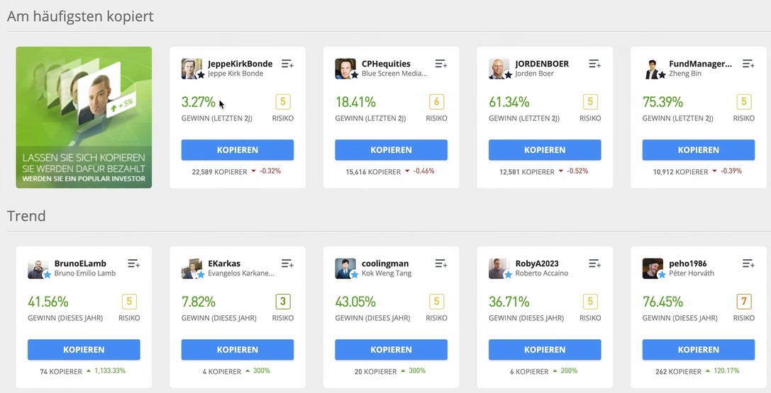 eToro CopyTrader mit Übersicht beliebter Investoren, Renditen, Risikobewertung und Kopieren-Button.