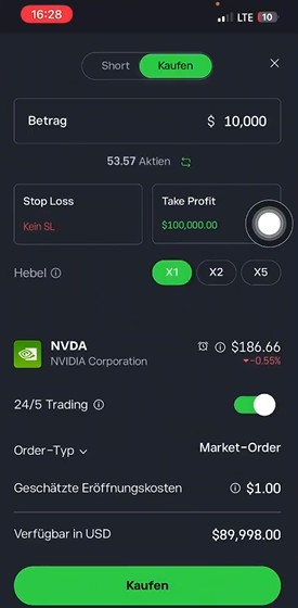 eToro Ordermaske zum Kauf der NVIDIA-Aktie mit Betrag, Hebel sowie Stop-Loss- und Take-Profit-Einstellungen.