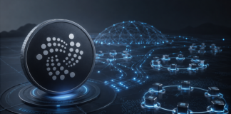 IOTA-Coin vor einem digital verbundenen Netzwerk aus Validator-Nodes