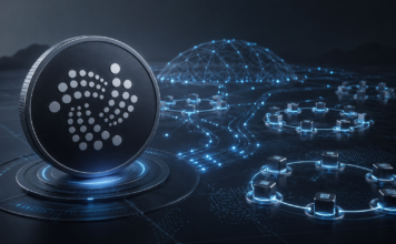 IOTA-Coin vor einem digital verbundenen Netzwerk aus Validator-Nodes
