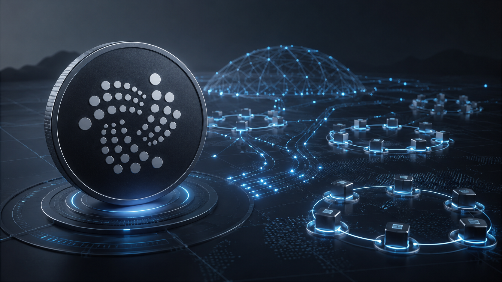 IOTA-Coin vor einem digital verbundenen Netzwerk aus Validator-Nodes