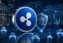 Blaues Ripple-Symbol vor einem digitalen Schutzschild und vernetzten Finanzinstituten.