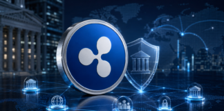 Blaues Ripple-Symbol vor einem digitalen Schutzschild und vernetzten Finanzinstituten.