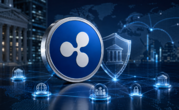 Blaues Ripple-Symbol vor einem digitalen Schutzschild und vernetzten Finanzinstituten.
