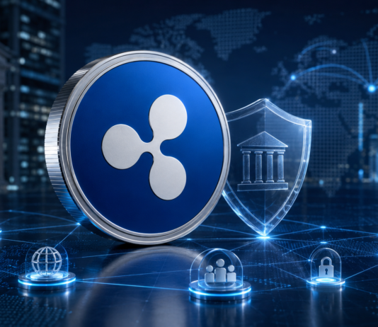 Blaues Ripple-Symbol vor einem digitalen Schutzschild und vernetzten Finanzinstituten.