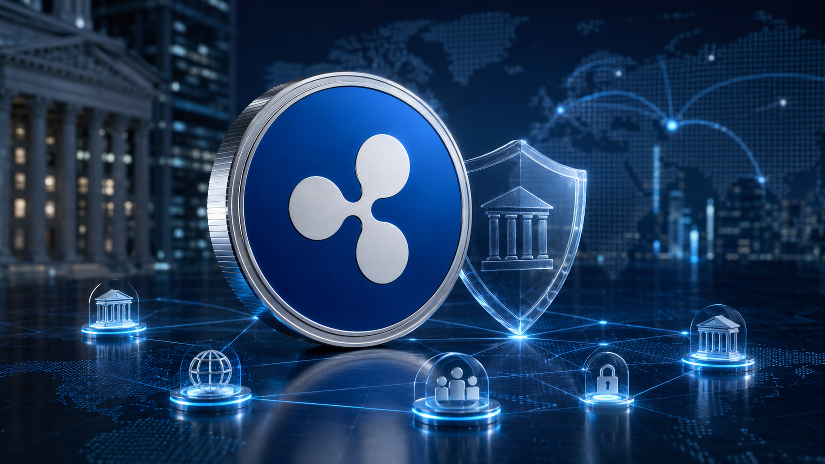 Blaues Ripple-Symbol vor einem digitalen Schutzschild und vernetzten Finanzinstituten.