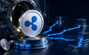 RLUSD- und XRP-Coins vor einer institutionellen Minting-Infrastruktur mit mehreren Blockchain-Verbindungen