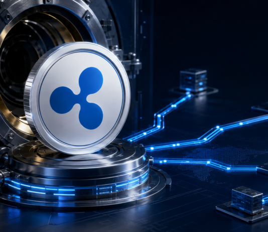 RLUSD- und XRP-Coins vor einer institutionellen Minting-Infrastruktur mit mehreren Blockchain-Verbindungen