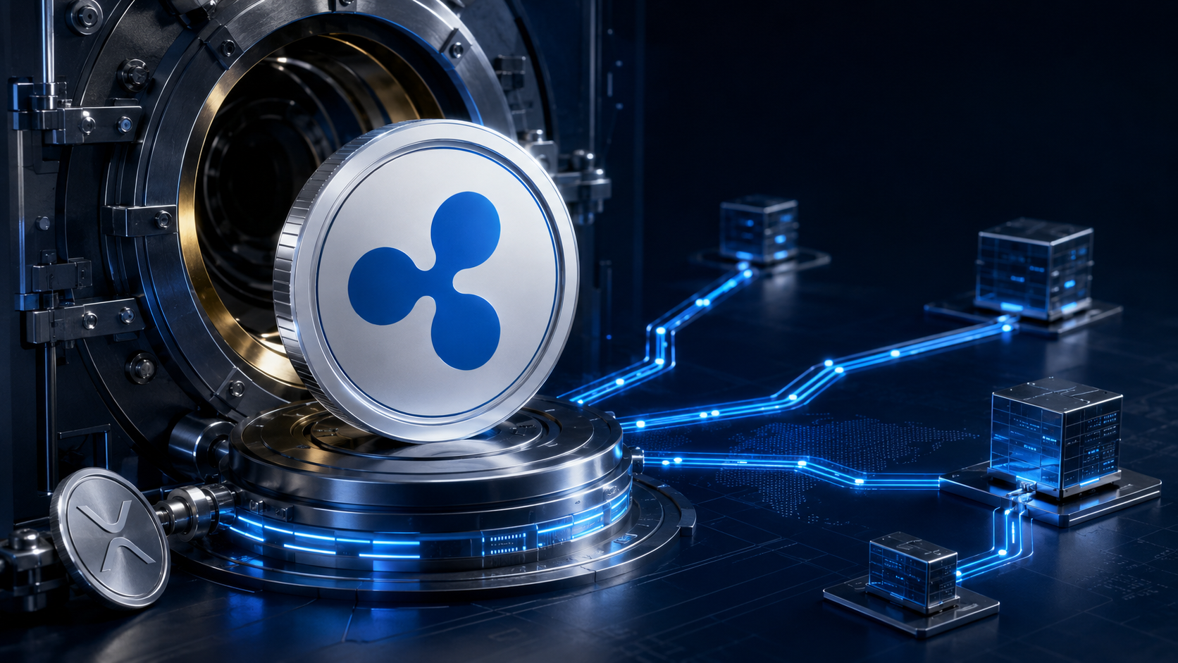 RLUSD- und XRP-Coins vor einer institutionellen Minting-Infrastruktur mit mehreren Blockchain-Verbindungen