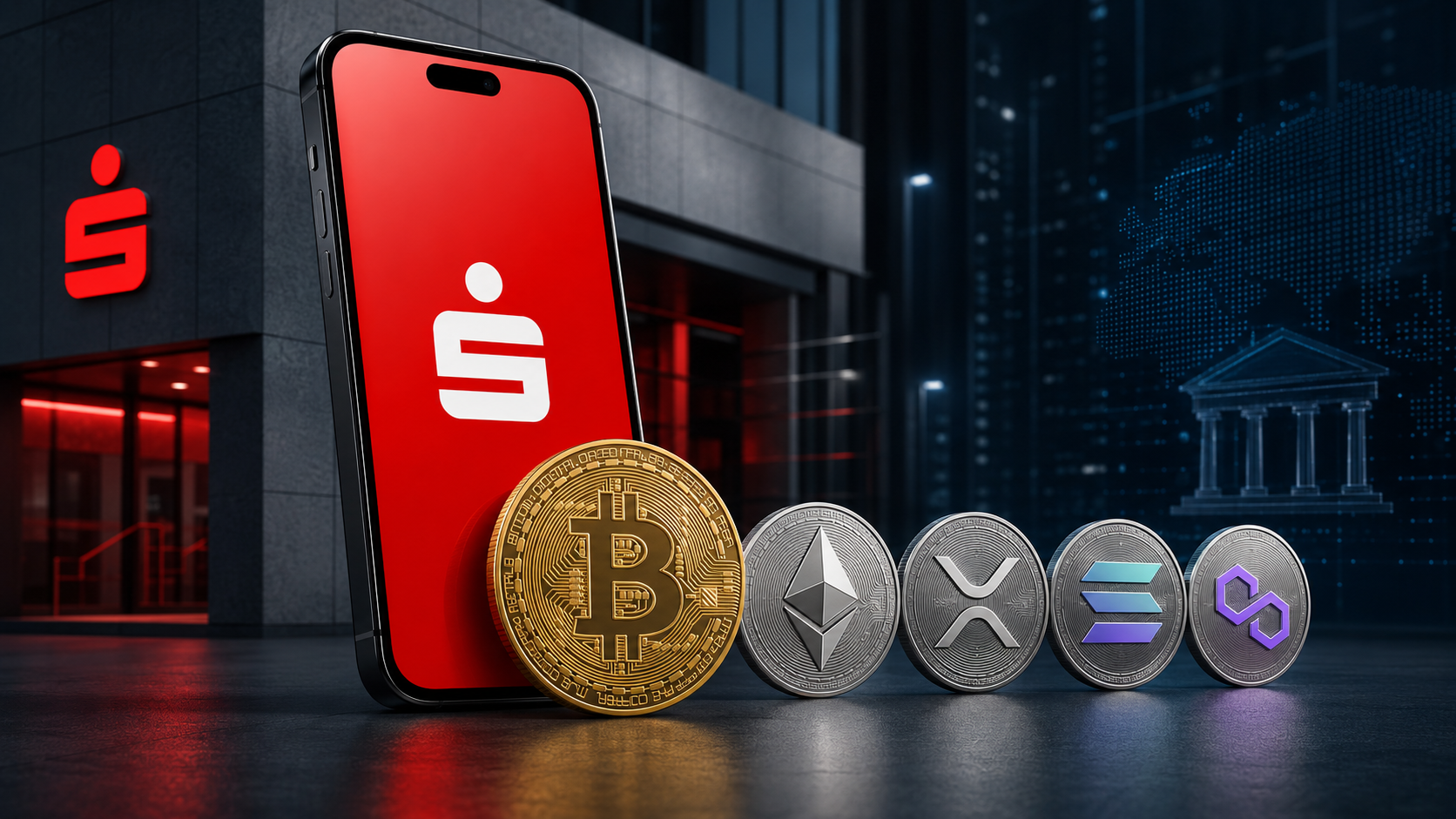 Sparkassen-App mit Bitcoin, Ethereum, XRP, Solana und Polygon vor einer Sparkassen-Filiale