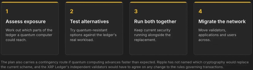 Vier-Stufen-Migrationsplan des XRP Ledgers für den Übergang zu quantenresistenter Kryptografie.