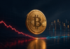 Goldene Bitcoin-Münze vor einer fallenden roten und einer stabilisierenden blauen Kurslinie