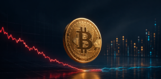 Goldene Bitcoin-Münze vor einer fallenden roten und einer stabilisierenden blauen Kurslinie