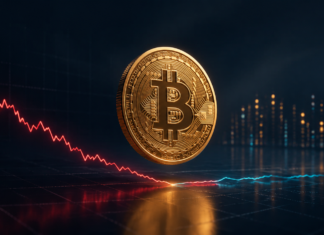 Goldene Bitcoin-Münze vor einer fallenden roten und einer stabilisierenden blauen Kurslinie