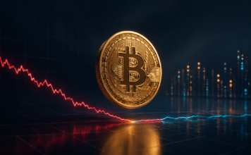 Goldene Bitcoin-Münze vor einer fallenden roten und einer stabilisierenden blauen Kurslinie