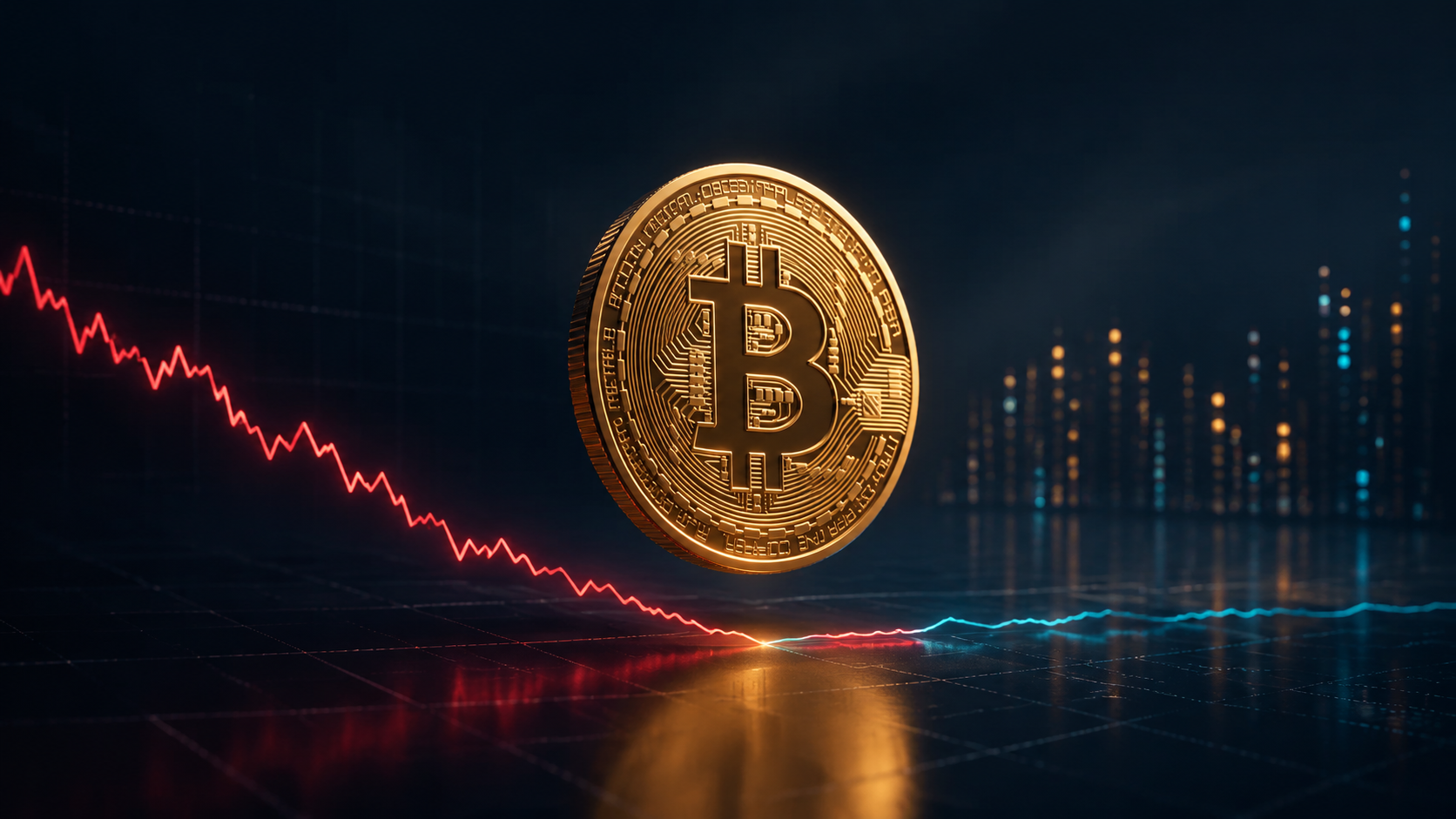 Goldene Bitcoin-Münze vor einer fallenden roten und einer stabilisierenden blauen Kurslinie
