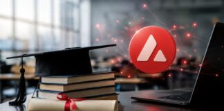 Avalanche sichert Kenias Schulzeugnisse auf AVAX Blockchain und spart Zeit und Kosten Avalanche-Logo über digitalen Bildungsnachweisen in einem Klassenzimmer mit Abschlussurkunde und Laptop.