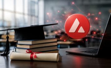 Avalanche sichert Kenias Schulzeugnisse auf AVAX Blockchain und spart Zeit und Kosten Avalanche-Logo über digitalen Bildungsnachweisen in einem Klassenzimmer mit Abschlussurkunde und Laptop.