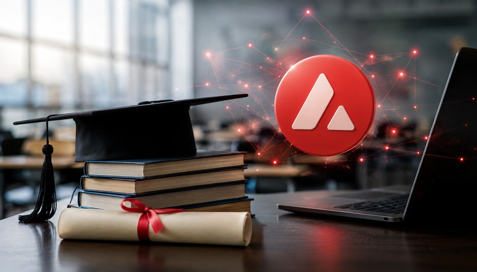 Avalanche-Logo über digitalen Bildungsnachweisen in einem Klassenzimmer mit Abschlussurkunde und Laptop.
