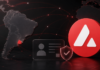Illustration einer digitalen Identitätsprüfung in Uruguay mit hervorgehobenem Avalanche-Logo, Südamerika-Karte und vernetzten Sicherheits-Elementen.