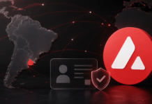Illustration einer digitalen Identitätsprüfung in Uruguay mit hervorgehobenem Avalanche-Logo, Südamerika-Karte und vernetzten Sicherheits-Elementen.