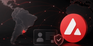 Illustration einer digitalen Identitätsprüfung in Uruguay mit hervorgehobenem Avalanche-Logo, Südamerika-Karte und vernetzten Sicherheits-Elementen.