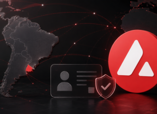 Illustration einer digitalen Identitätsprüfung in Uruguay mit hervorgehobenem Avalanche-Logo, Südamerika-Karte und vernetzten Sicherheits-Elementen.