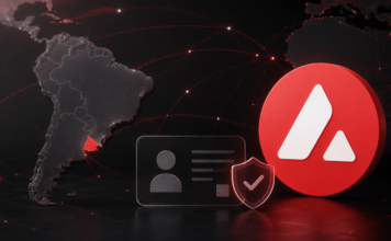 Illustration einer digitalen Identitätsprüfung in Uruguay mit hervorgehobenem Avalanche-Logo, Südamerika-Karte und vernetzten Sicherheits-Elementen.