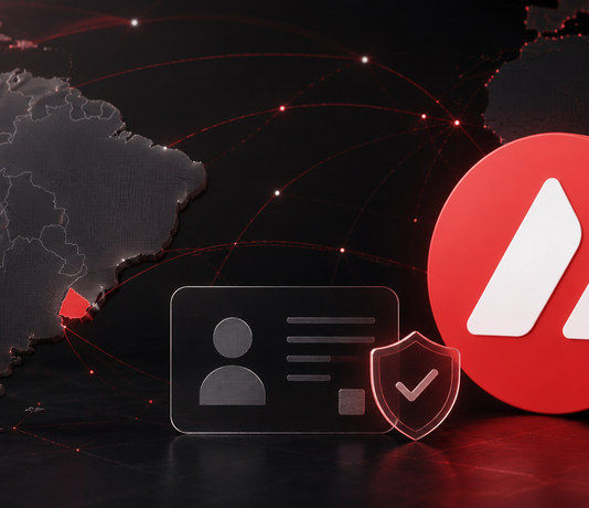Illustration einer digitalen Identitätsprüfung in Uruguay mit hervorgehobenem Avalanche-Logo, Südamerika-Karte und vernetzten Sicherheits-Elementen.