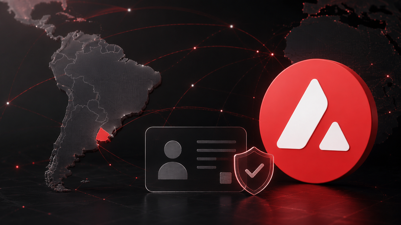 Illustration einer digitalen Identitätsprüfung in Uruguay mit hervorgehobenem Avalanche-Logo, Südamerika-Karte und vernetzten Sicherheits-Elementen.
