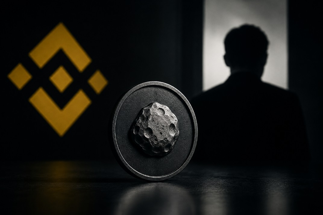 ASTEROID-Memecoin vor Binance-Logo und Silhouette eines ehemaligen Mitarbeiters