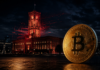 Hacker fordern 30 Bitcoin: Berlin verweigert Lösegeld nach Cyberangriff Bitcoin vor dem Roten Rathaus in Berlin mit roten Datenströmen als Symbol für den Cyberangriff und die DAC8-Debatte