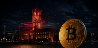 Bitcoin vor dem Roten Rathaus in Berlin mit roten Datenströmen als Symbol für den Cyberangriff und die DAC8-Debatte