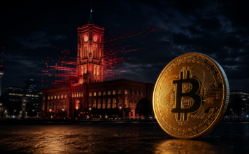 Bitcoin vor dem Roten Rathaus in Berlin mit roten Datenströmen als Symbol für den Cyberangriff und die DAC8-Debatte
