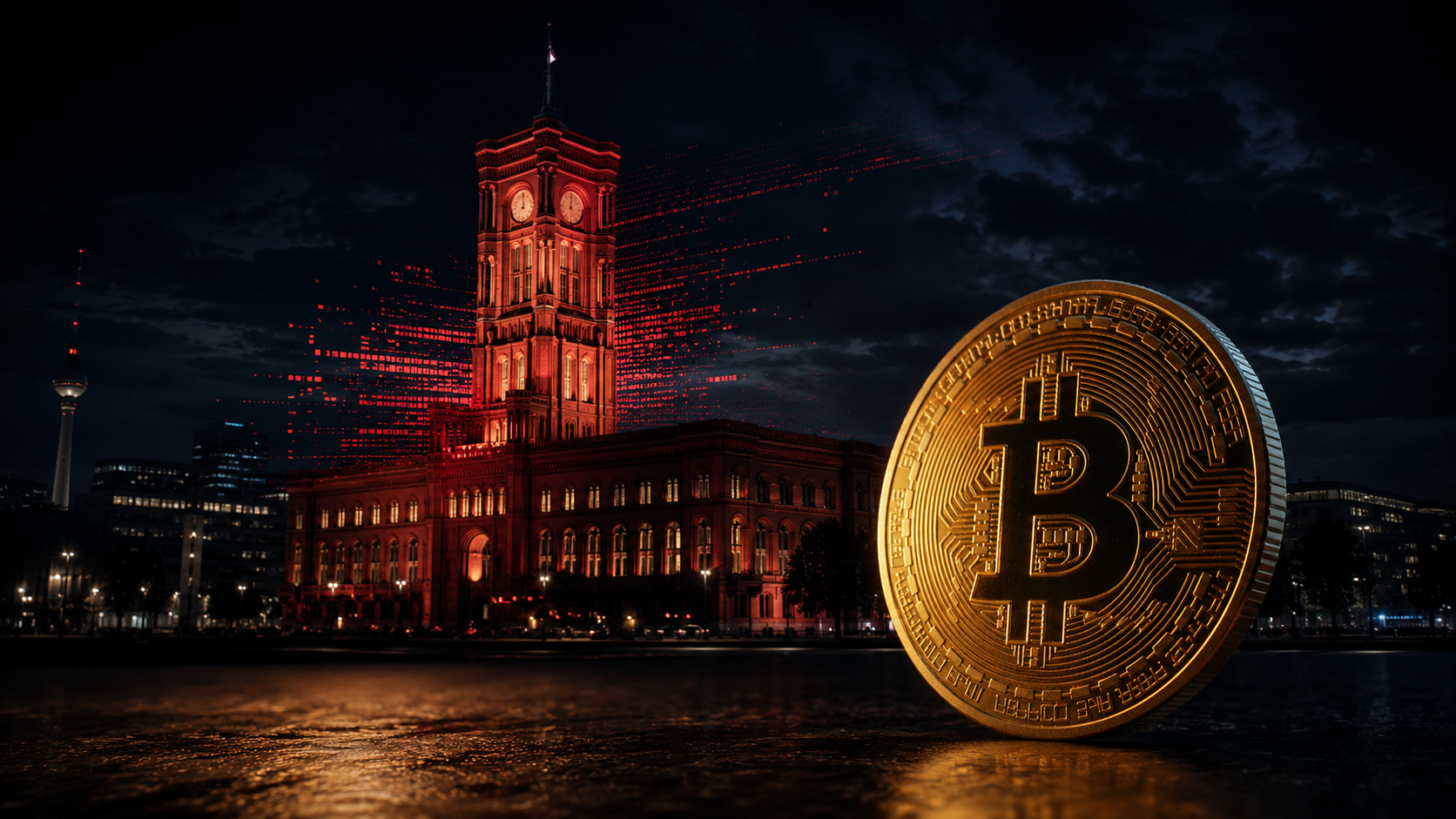 Bitcoin vor dem Roten Rathaus in Berlin mit roten Datenströmen als Symbol für den Cyberangriff und die DAC8-Debatte