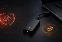 BREAKING: Schwere BitBox-Sicherheitslücken entdeckt – Nutzer sollen Firmware sofort aktualisieren BitBox-Hardwarewallet neben Laptop mit Symbolen für Sicherheitslücke und Firmware-Schutz.
