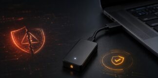 BitBox-Hardwarewallet neben Laptop mit Symbolen für Sicherheitslücke und Firmware-Schutz.
