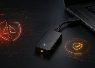 BitBox-Hardwarewallet neben Laptop mit Symbolen für Sicherheitslücke und Firmware-Schutz.