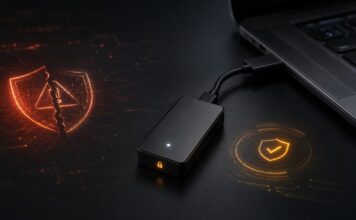 BitBox-Hardwarewallet neben Laptop mit Symbolen für Sicherheitslücke und Firmware-Schutz.