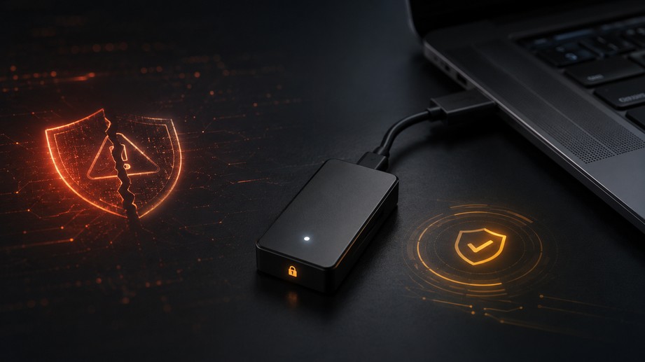 BitBox-Hardwarewallet neben Laptop mit Symbolen für Sicherheitslücke und Firmware-Schutz.